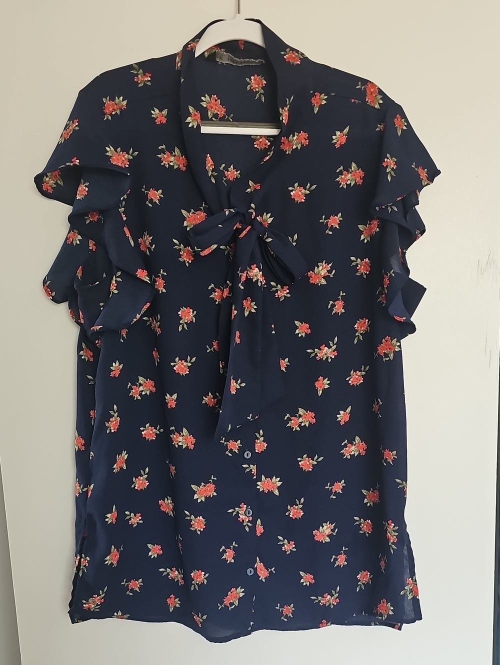 Zara Navy Floral Tie-Bow Ruffle Sleeve Blouse Size XS